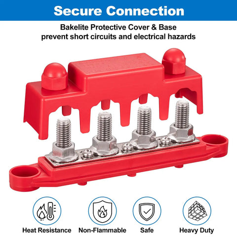 Heavy Duty 12V Bus Bar Power Distribution Block Packing 250A Peak Current And Stainless Steel Terminals showing Bakelite cover and base.