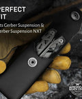 Beefy Full Grain Leather Belt Tool Holder For Surge Super Tool 300 Core Multitools Rugged Handmade Holster With Solid Brass Rivets And Strong Belt Loop For Quick Access And Lasting Protection showcasing fit for Gerber multitools