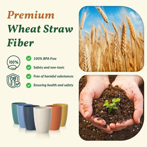 Eco Friendly Wheat Straw Cups Set Unbreakable Drinking Glasses Stackable 12 Oz Tumblers For Kitchen Camping Party RV Dishwasher Freezer Microwave Safe 6 Pack with premium wheat straw fiber and BPA-free label.
