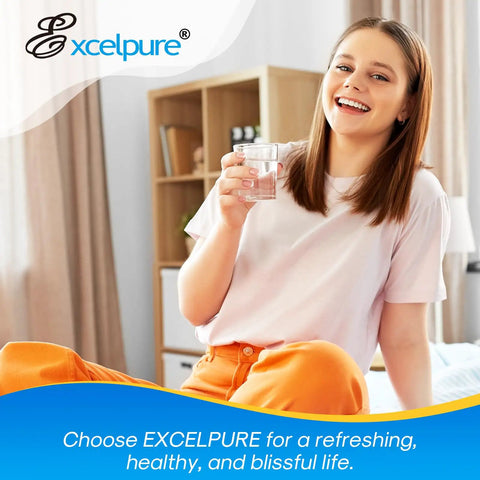 Smiling woman holding a glass of water indoors, promoting Samsung Compatible Refrigerator Water Filter Replacement 3 Pack.