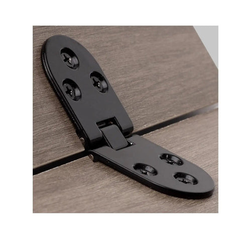 Close-up of black foldable hinge for cabinets, screw-on type, installed on wood panel, 180-degree swing, Set Of 2 Foldable Cabinet Hinges