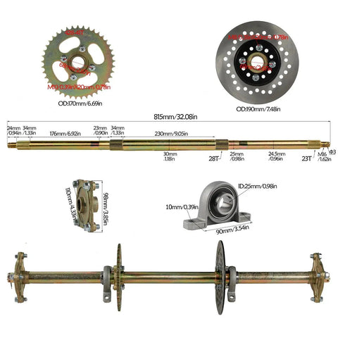 Badass 32 Inch Live Rear Axle Assembly For Go Kart Atv And Drift Trike With 41T Sprocket Hub and 190mm Brake Disc components diagram