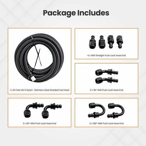 Beefed Up Universal 6AN Fuel Line Kit with 20 ft nylon braided hose and push lock hose ends for transmission cooler lines