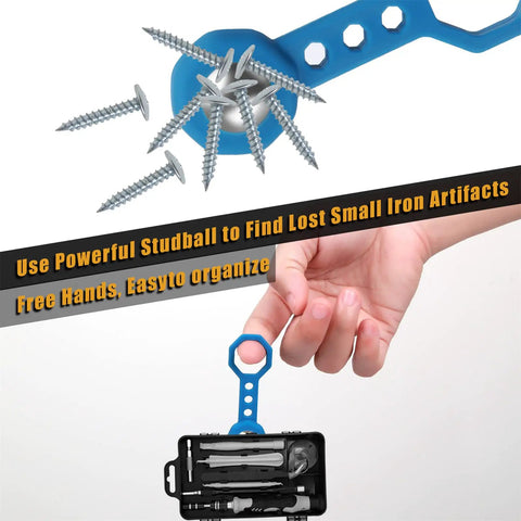 No Sweat Heavy Duty Magnetic Stud Finder Wall Scanner with screws and organizer, designed for detecting nails and screws.