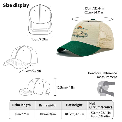 Size guide for RV Pilot Hat For Road Trips And Camper Vacations Dope Outdoors Cap showing measurements and brim detail.