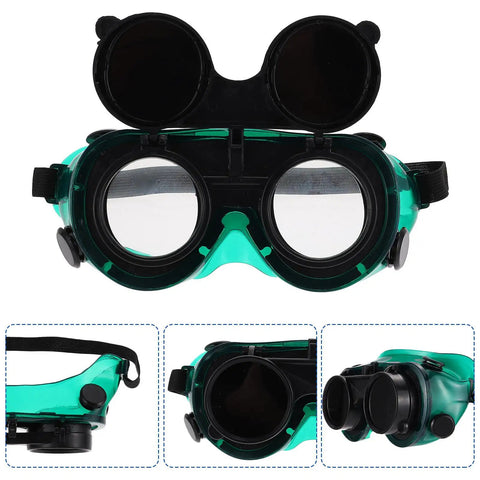 Kick Ass Flip Up Welding Goggles Heavy Duty Safety Glasses 2 Pack with green shock absorbing lenses and flip up feature.