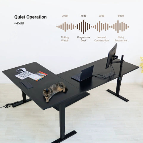 Top Shelf Electric Height Adjustable L Shaped Corner Desk With Legit Silent Lift 72 By 60 Inch Sit Stand Computer Workstation in black with quiet operation.
