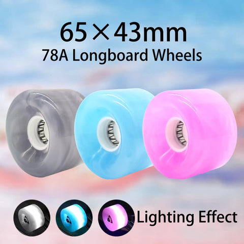 Set of three 65mm by 43mm 78A urethane skateboard wheels in gray, blue, and pink with lighting effect and 608RS bearings.