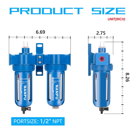 Pro Grade Coalescing Air Filter And Desiccant Dryer System With Poly Bowl, One Half Inch NPT, product size diagram