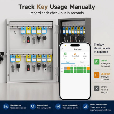 32 Key Smart Key Lock Box Wall Mount, showing interior with keys and Bluetooth app screen for real-time usage tracking.