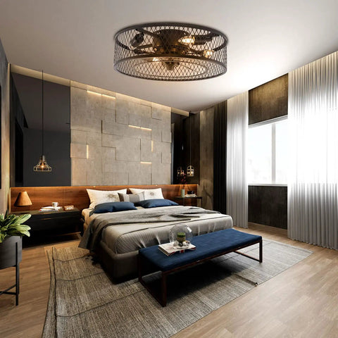 Industrial 18 Inch Ceiling Fan Light Kit With Remote, 3 Speed Adjustable Caged Mesh Shade In Black, bedroom setting