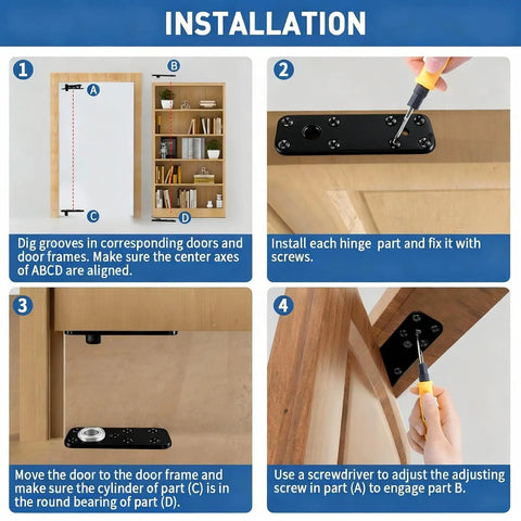 Installation guide for Heavy Duty Black Pivot Hinge For Hidden Secret Doors And Custom Shelves Featuring Rust Proof Stainless Steel Build.