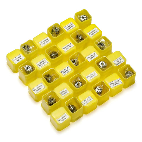 15 Piece ER11 Precision Spring Collet Set For CNC Milling And Lathe Engraving Tooling, Grips 1.0 Mm To 7.0 Mm Plus 1 Quarter Inch And 1 Eighth Inch, 0.02 Mm Accuracy, Spring Steel, Heavy Duty Tool Holder Set For Engraving, Milling, And Projects in yellow plastic cases, top view