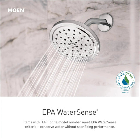 Align Chrome Posi-Temp Shower Trim Kit With Pressure Balancing; wall-mounted showerhead spraying water, EPA WaterSense certified