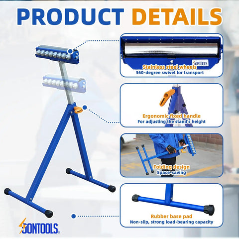 Knockout 3 In 1 Roller Stand For Woodworking showcasing stainless steel wheels, adjustable height, and rubber base pad.