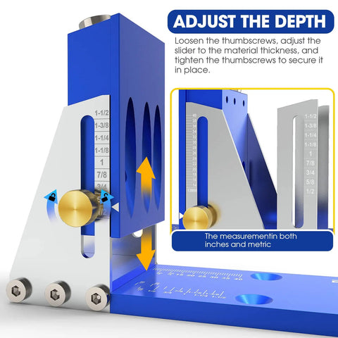 All Metal Pocket Hole Jig Drill Guide Kit For 15 Degree Angled Holes showing adjustable depth feature with inch and metric measurements.