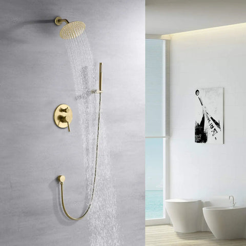 Top Notch Brushed Gold Shower Faucet System With A Sleek Eight Inch Rainfall Head and handheld sprayer mounted in modern bathroom.