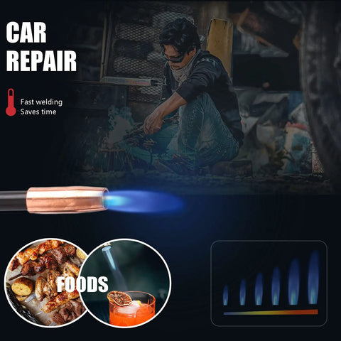 MIG welding torch in use with blue flame, highlighting car repair and cooking food applications, featuring focus keyword: 15 Foot M-150 MIG Welding Gun Replacement for Miller Millermatic Series and Hobart IronMan 210 Stinger Torch, Heavy Duty Pro Grade 150 Amp, Compatible With Millermatic 35 120 130 130XP 135 140s 150 175 180s 185 DVIs.