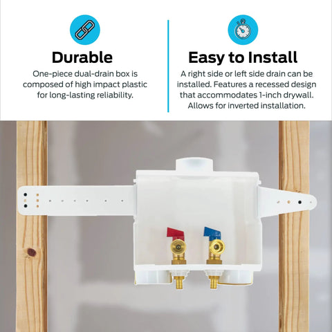 Dual Drain Washing Machine Outlet Box With Push To Connect Brass Fittings mounted on wall, includes bracket, rear view