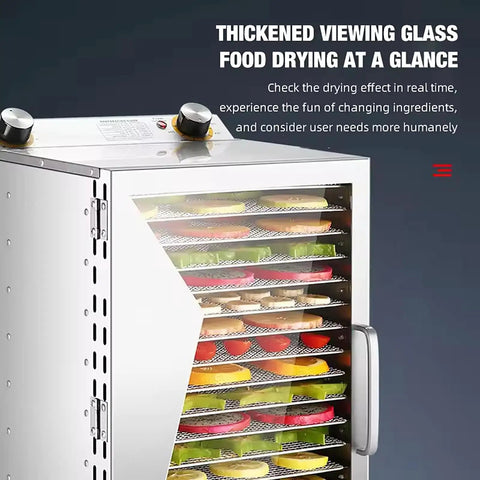 Pro Grade Electric Food Dehydrator With 6, 8, Or 12 Layer Racks, thickened glass, showing dry fruits and vegetables inside