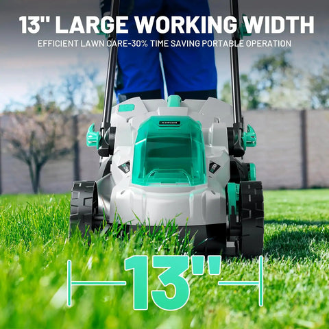 Cordless 20V 13 Inch Lawn Mower With Brushless Motor 5 Height Adjustments Battery And Charger Included No Gas Electric Lawn Mower For Small Gardens Yards And Farms That Cuts Up To 1300 Sq Ft Per Charge, front view