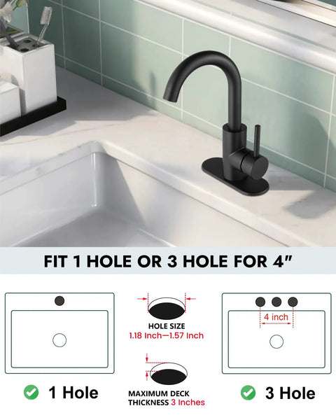 Single Hole Bar Sink Faucet Matte Black With 360 Degree Swivel Spout 304 Stainless Steel fitted on a white sink
