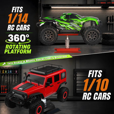 Adjustable Aluminum RC Car Repair Stand With 360 Degree Rotation holding 1/14 scale crawler above workstation, 1/10 scale below.