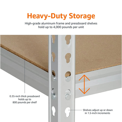 Close-up of Five Tier Metal Garage Storage Rack With Fully Adjustable Shelves, Solid Aluminum Frame Build, No Sweat Assembly, 48 By 18 By 72 Inches showing shelf and frame.