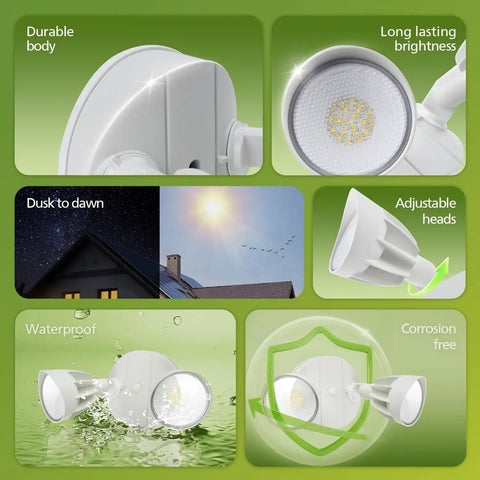 Dusk To Dawn 44W 3500LM LED Security Flood Light No Bulbs To Change Outdoor 5000K Daylight Wet Location Dual Adjustable Heads