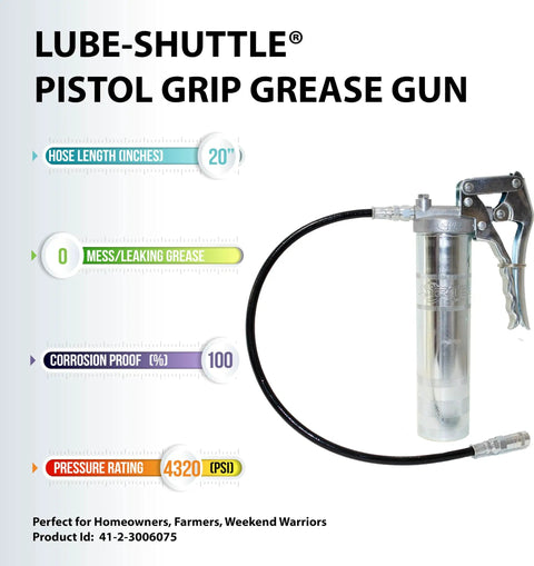 Pistol grip grease gun with 20-inch hose, stainless steel build, pressure rating 4320 PSI for efficient lubrication.