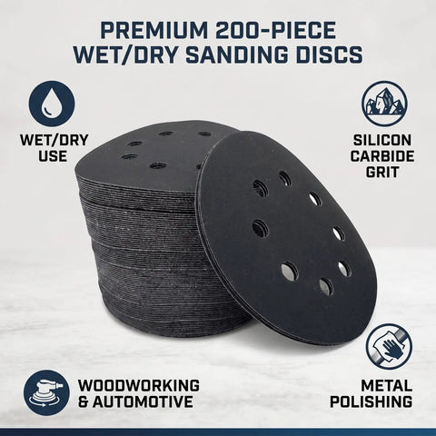 Heavy Duty 8 Inch Sanding Discs Set With 8 Holes For Power Tools, Premium Silicon Carbide Abrasive Paper Backed On Latex for wet/dry use.