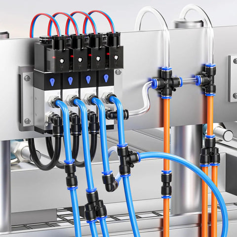 Installation of 4mm OD Black Polyurethane PU Air Hose Tube for compressed air and fluid transfer in pneumatic system, 10m length