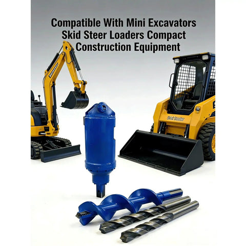 Beefy Hydraulic Earth Auger Attachment For 2-10 Ton Excavators with auger bits and compatible construction equipment in background.