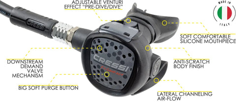 Close-up of AC2 Compact Regulator from Beginner Diver Starter Pro Kit With Start Pro 2.0 BCD, Octopus Compact, MiniConsole 2