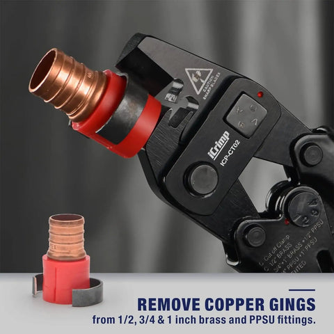 Go To PEX Decrimp Removal Tool For F2098 Stainless Steel Clamps And F1807 Copper Rings shown with crimped fitting