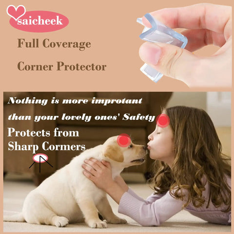 Hand holding clear 12 Pack Large Silicone Table Corner Protectors for Baby Proofing, T Shaped Edge Guards.