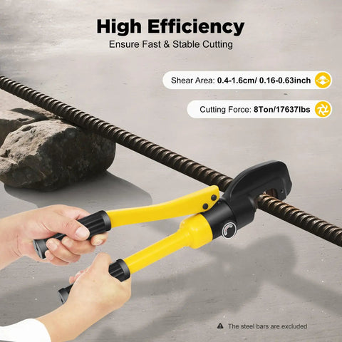 Hands using 8 Ton Hydraulic Rebar Cutter With Case Portable Steel Bar Cutter For Construction Cuts Rebar From 4mm To 16mm 0.16 To 0.63 Inch Heavy Duty Cutting Tool For Job Sites And DIY Projects on metal rod outdoors