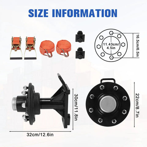 Bombproof Shipping Container Wheels With 8x6.5 Lug Hubs And Complete Axle Kit showing size details and components for heavy load transport.