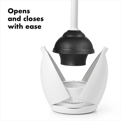 Concealed Toilet Plunger With Auto Open Canister Ventilated Drip Tray For Quick Drying Flat Top Handle shown open