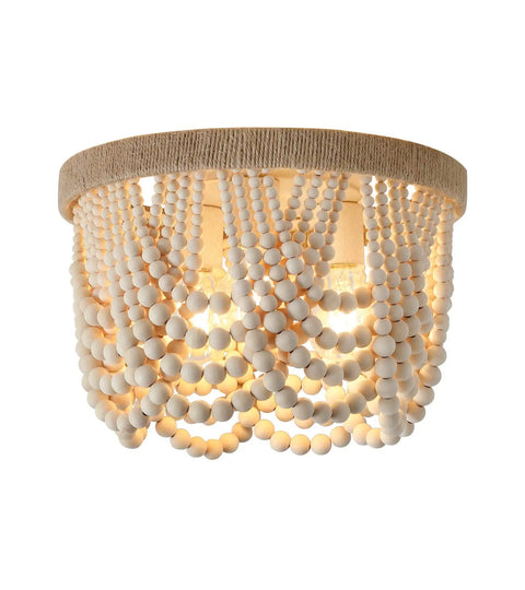 Boho Chic Wood Beaded Flush Mount Light Fixture with Natural Hemp Rope Trim, Rustic Farmhouse Three Light Chandelier