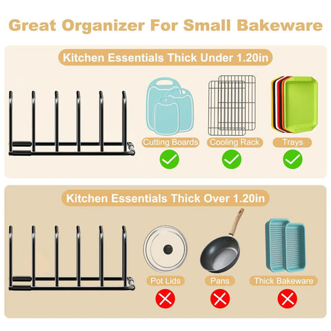 Heavy Duty Metal Cutting Board Storage Rack And Baking Sheet Organizer 2 Pack For Cabinet Shelf Space Saving Plate Holder And Cookie Sheet Dividers Durable Design For Easy Access displayed with suggested kitchen items for use.