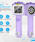 Portable Pocket Microscope For Kids With 2.4 Inch IPS Screen 1080P HD View, 8 Adjustable LEDs, 500x Magnification And 4x Zoom, Lion Themed STEM Toy Gift For 3 To 10 Year Old Boys And Girls. Purple handheld digital kids microscope with screen and LED lights