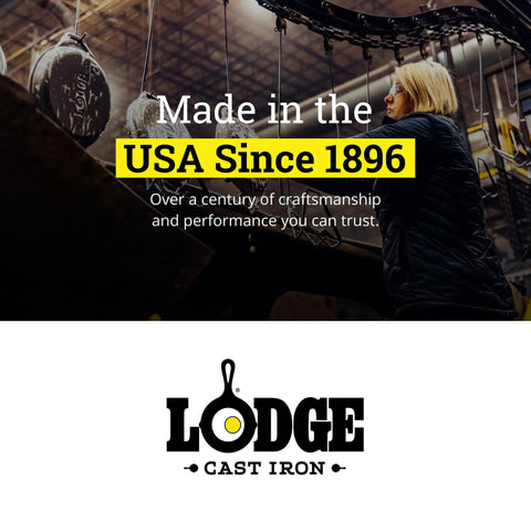 Lodge Cast Iron facility with 'Made in the USA Since 1896,' highlighting quality for Eight Impression Cast Iron Wedge Pan For Even Edge Baking.