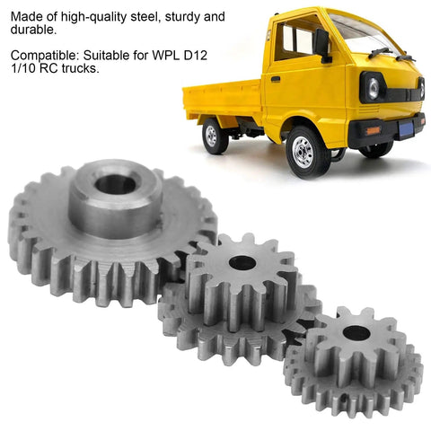 Heavy Duty Steel Gear Replacement Kit For WPL D12 1/10 Scale RC Rock Crawler Truck showing sturdy steel gears and yellow truck.