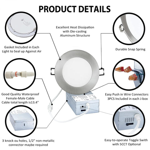 Premium LED Canless Recessed Light 4 Inch 5 CCT Dimmable Fixture With Junction Box Easy Install Brushed Nickel Ceiling Lighting 2700K 3000K 3500K 4000K 5000K 9W 6 Pack product details diagram