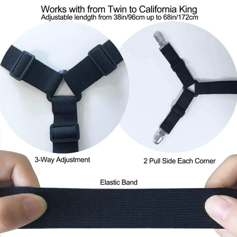 Ultimate Bed Sheet Holder Straps Adjustable Clips With 3-Way Nickel Clamps In Black, Elastic Band, Fits Most Beds