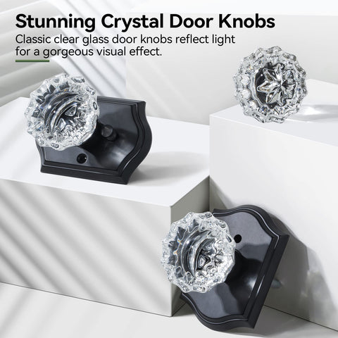 Glass Door Knobs Interior 6 Pack Crystal Doorknobs With Lock For Privacy Black Matte Finish Vintage Diamond Glass Door Knob Set Ideal For Bedroom And Bathroom Built To Last With Zinc Alloy Plates shown reflecting light.