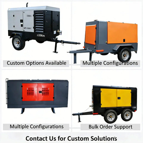 Heavy Duty Rotary Screw Air Compressor With 100L Or 500L Tank And Integrated Air Dryer For Continuous Factory Pneumatic Output, various truck-mounted models.