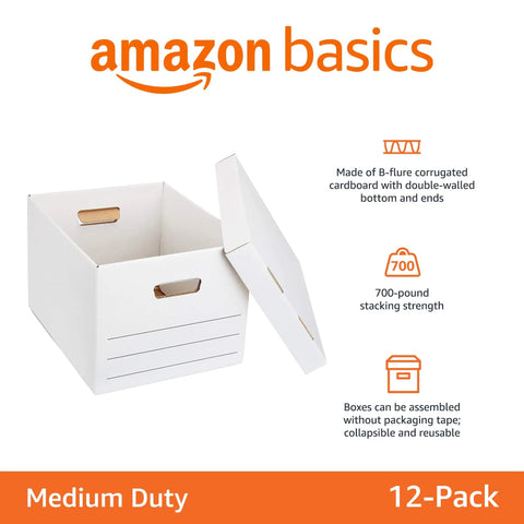 Medium Duty Storage And Filing Boxes With Lids And Handles Legal Letter Size with wide open lid showing interior space, white color.