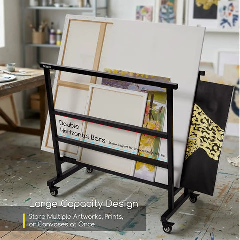 Badass Heavy Duty Metal Art Storage Rack With Zero Sagging 110 Lb Capacity showcasing large canvas prints in studio setting.